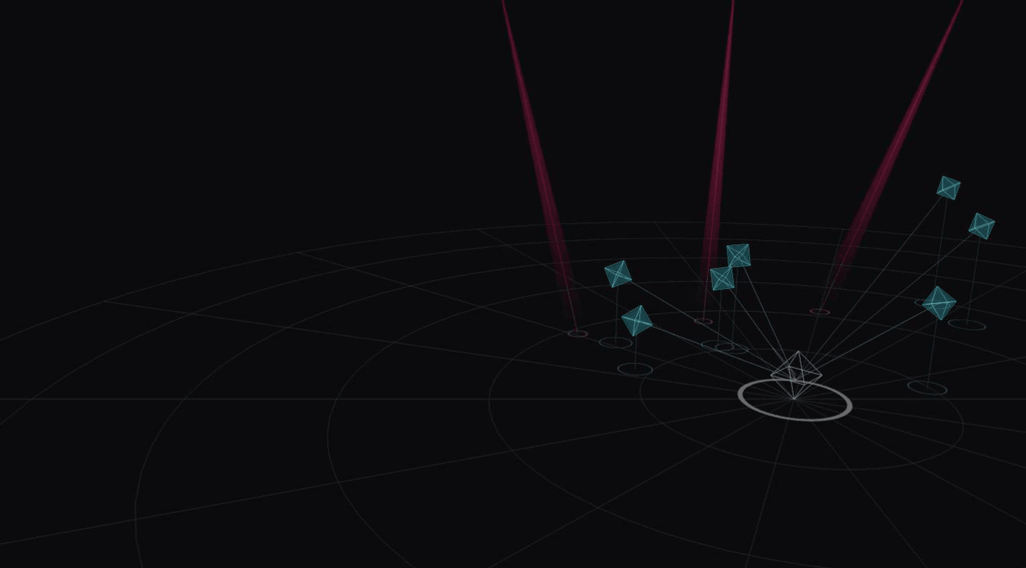 A wireframe spatial audio field: seven sound objects orbiting a listener at the origin over a polar distance grid, with four moving-head beams sweeping the space from a truss above.