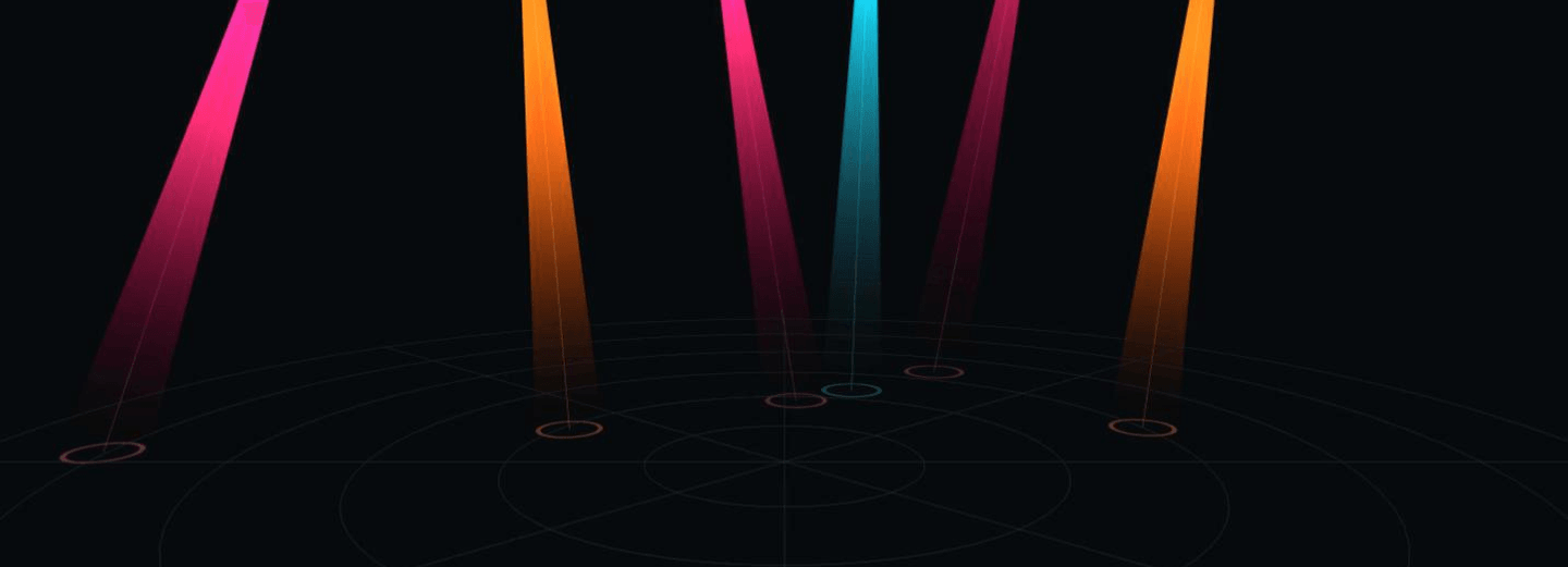 Six moving-head beams sweeping a dark volume from an overhead truss, their pools crossing on the floor below.